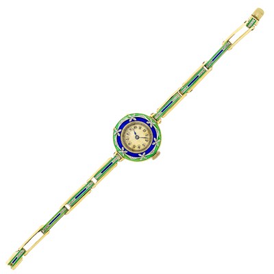 Lot 17 - Antique Gold, Platinum, Blue and Green Enamel and Diamond Wristwatch