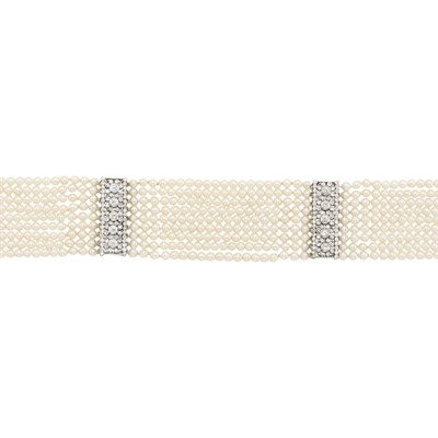 Lot 188 - Nine Strand Cultured Pearl, White Gold and Diamond Choker Necklace