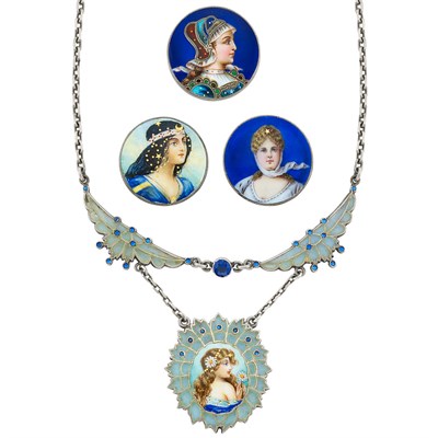 Lot 18 - Three Antique Silver and Enamel Portrait Brooches and Silver, Plique-a-Jour  Enamel and Blue Stone Pendant-Necklace