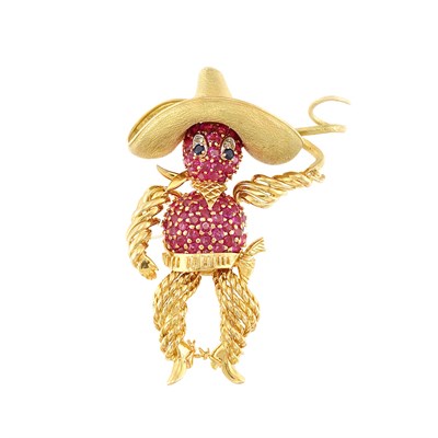Lot 362 - Two-Color Gold, Ruby, Sapphire and Diamond Cowboy with a Lasso Clip-Brooch
