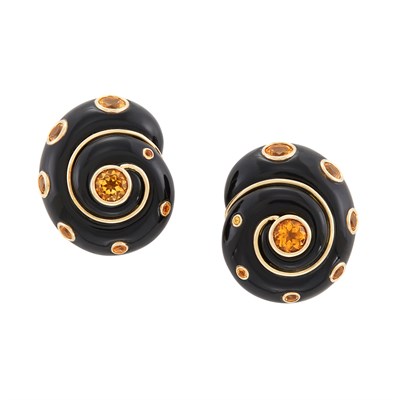 Lot 332 - Pair of Gold, Black Onyx and Citrine Shell Earclips