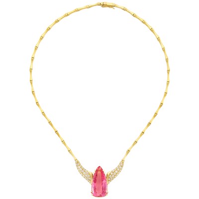 Lot 543 - Gold, Pink Topaz and Diamond Bamboo Link Necklace