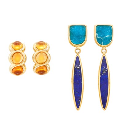 Lot 341 - Pair of Gold, Lapis and Chrysocolla Pendant-Earrings and a Pair of Gold and Cabochon Citrine Earrings
