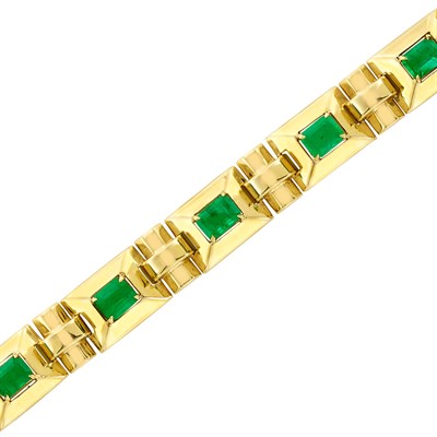 Lot 312 - Retro Gold and Emerald Link Bracelet
