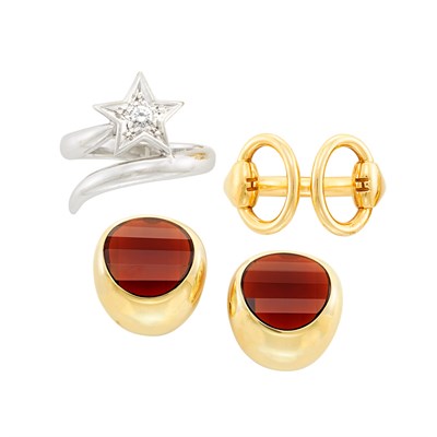 Lot 75 - White Gold and Diamond 'Comete' Ring, Chanel, Gold Stirrup Ring, Hermes, and Pair of Gold and Garnet Earclips, Pomellato