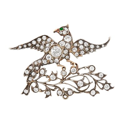 Lot 44 - Antique Silver-Topped Gold, Diamond and Emerald Bird Brooch