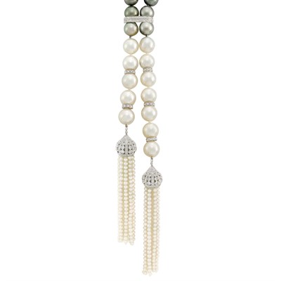 Lot 529 - Tahitian Black and South Sea Cultured Pearl, Seed Pearl and Diamond Tassel Necklace
