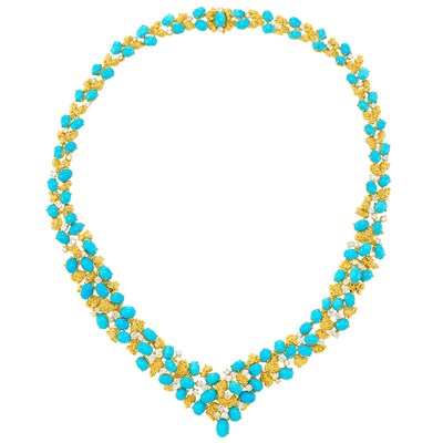 Lot 357 - Gold-Plated Gold, Turquoise and Diamond Necklace