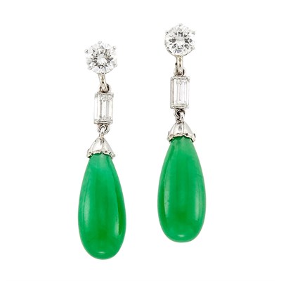 Lot 292 - Pair of Platinum, Jade and Diamond Pendant-Earrings