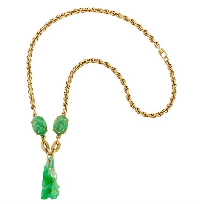 Lot 324 - Gold and Carved Jade Pendant-Necklace