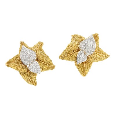 Lot 355 - Pair of Two-Color Gold and Diamond Leaf Earclips