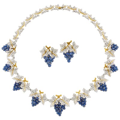 Lot 447 - Two-Color Gold, Diamond and Sapphire Grape Cluster Necklace, Buccellati, and Pair of Earrings, Gianmaria Buccellati