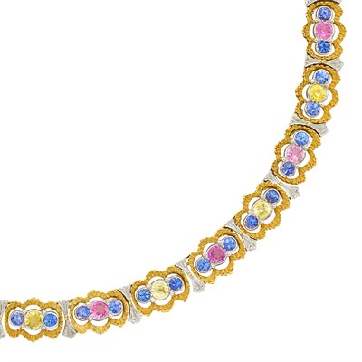 Lot 513 - Two-Color Gold and Multicolored Sapphire Necklace and Pair of Earclips, Buccellati