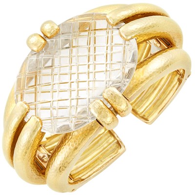 Lot 372 - Gold and Carved Rock Crystal Cuff Bangle Bracelet, David Webb