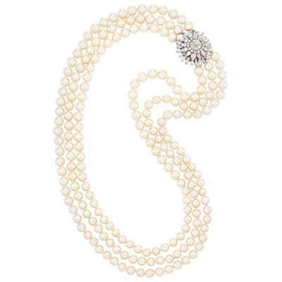Lot 342 - Triple Strand Cultured Pearl Necklace with Platinum, White Gold and Diamond Clasp