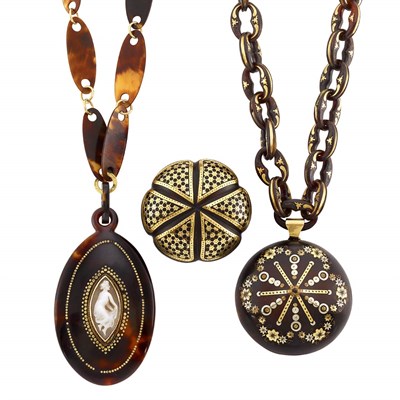 Lot 50 - Group of Antique Mixed Metal and Pique Tortoise Shell Brooch and Two Pendant-Necklaces