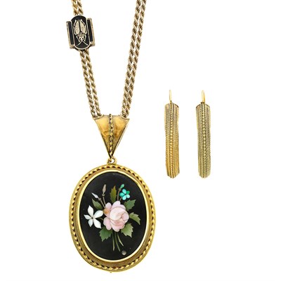 Lot 51 - Antique Gold and Pietra Dura Pendant with Gold Chain and Gold and Enamel Beetle Slide and Pair of Gold Hoop Earrings