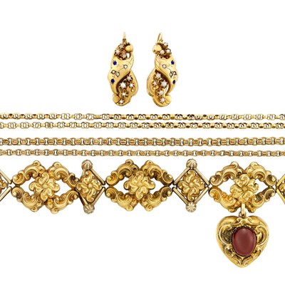 Lot 53 - Pair of Antique Gold and Seed Pearl Earrings, Gold Repousse and Garnet Charm Bracelet and Two Gold Chain Necklaces