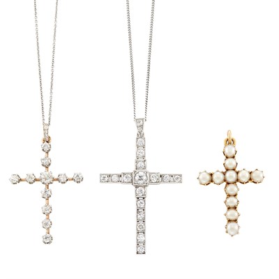 Lot 261 - Three Antique Platinum, Gold, Diamond and Button Pearl Cross Pendants and Two Chains
