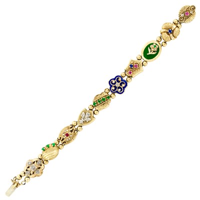 Lot 31 - Gold, Gem-Set and Enamel Slide Bracelet and Art Nouveau Gold, Purple Enamel and Diamond Floral Lady Pin