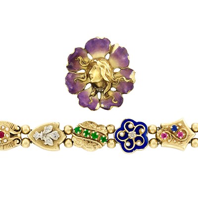 Lot 31 - Gold, Gem-Set and Enamel Slide Bracelet and Art Nouveau Gold, Purple Enamel and Diamond Floral Lady Pin