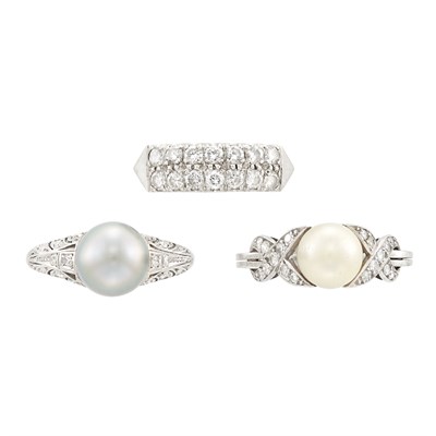 Lot 157 - Three Platinum, White Gold, Diamond, Cultured Pearl and Tahitian Gray Cultured Pearl Rings