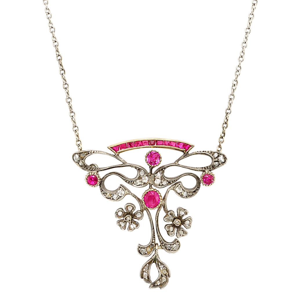Lot 41 - Belle Epoque Silver-Topped Gold, Ruby, Synthetic Ruby and Diamond Pendant-Brooch with Chain