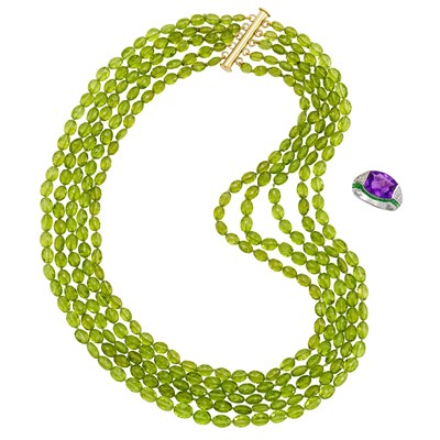 Lot 68 - Five Strand Gold and Peridot Bead Necklace and White Gold, Amethyst, Green Garnet and Diamond Ring