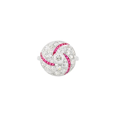 Lot 211 - Platinum, Diamond and Synthetic Ruby Spiral Ring, Kobrin Brothers
