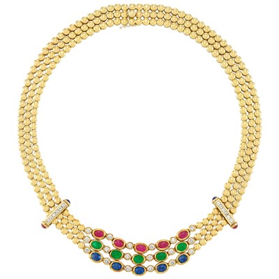 Lot 275 - Triple Strand Gold, Diamond and Cabochon Gem-Set Necklace