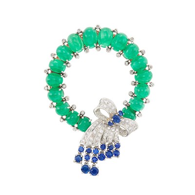Lot 85 - Gold, Platinum, Cabochon Emerald, Diamond and Sapphire Wreath Brooch
