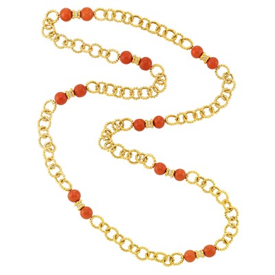 Lot 187 - Long Gold, Coral Bead and Diamond Chain Necklace