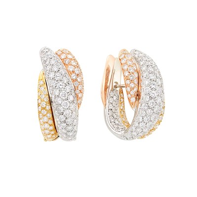 Lot 253 - Pair of Tricolor Gold and Diamond Earrings