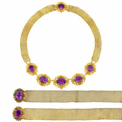 Lot 518 - Antique Cannetille Gold and Amethyst Mesh Necklace and Pair of Bracelets