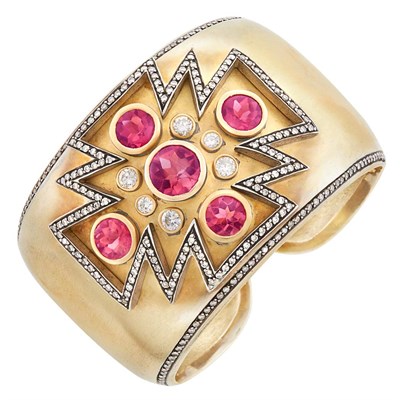 Lot 554 - Gold, Silver, Pink Tourmaline and Diamond Maltese Cross Cuff Bangle Bracelet, Wendy Brigod