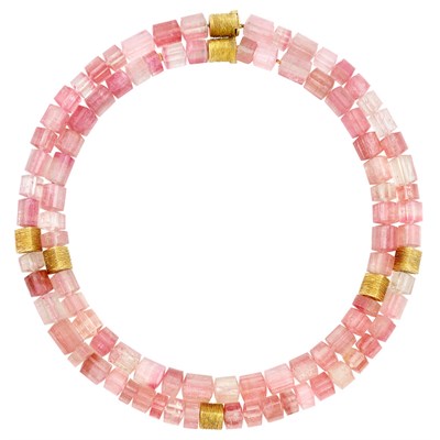 Lot 558 - Pair of High Karat Gold and Pink Tourmaline Bead Necklaces