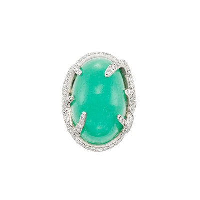 Lot 428 - White Gold, Cabochon Emerald and Diamond Ring