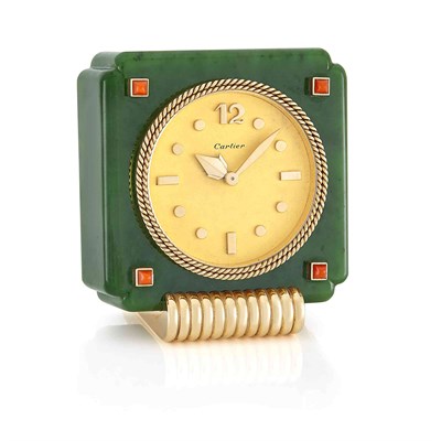 Lot 631 - Nephrite, Gold, and Coral Desk Clock, Cartier