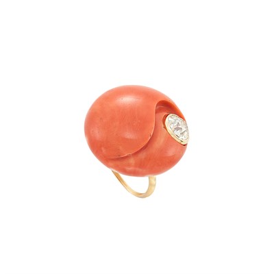 Lot 343 - Gold, Carved Coral and Diamond Ring, Sterle, Paris