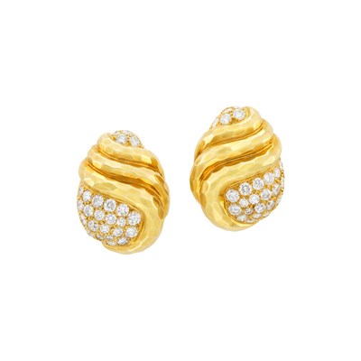 Lot 332 - Pair of Hammered Gold and Diamond Earclips, Henry Dunay