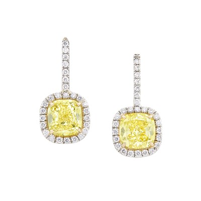 Lot 302 - Pair of Platinum, Gold, Fancy Yellow Diamond and Diamond Earrings