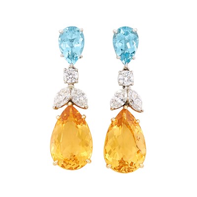 Lot 147 - Pair of Platinum, Gold, Yellow Beryl, Aquamarine and Diamond Pendant-Earrings, Bulgari
