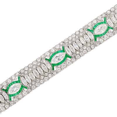Lot 366 - Platinum, Diamond and Emerald Bracelet