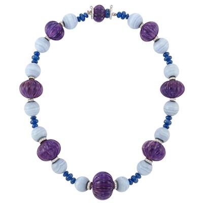 Lot 46 - Fluted Amethyst, Blue Lace Agate and Sapphire Bead, White Gold and Diamond Necklace, Fred Leighton
