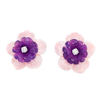 Lot 44 - Pair of White Gold, Carved Pink Coral and Amethyst and Diamond Earclips, Sabbadini