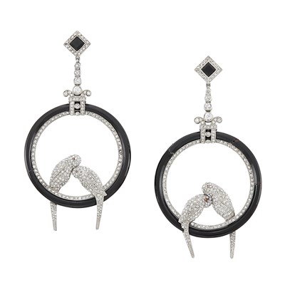 Lot 235 - Pair of Art Deco Platinum, Diamond and Black Onyx Love Bird Pendant-Earrings