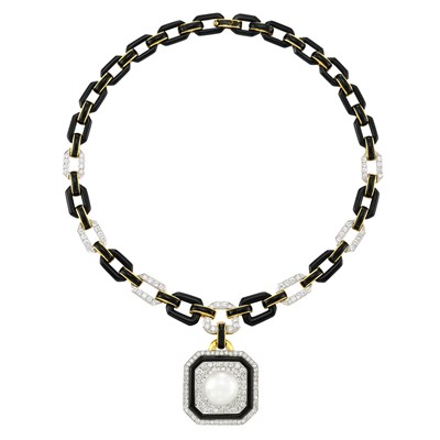 Lot 19 - Two-Color Gold, Black Onyx, Enamel, South Sea Cultured Button Pearl and Diamond Pendant-Necklace