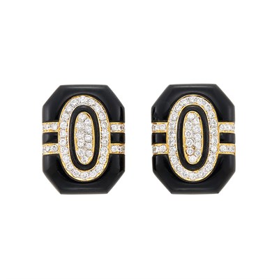 Lot 18 - Pair of Gold, Black Onyx and Diamond Earclips