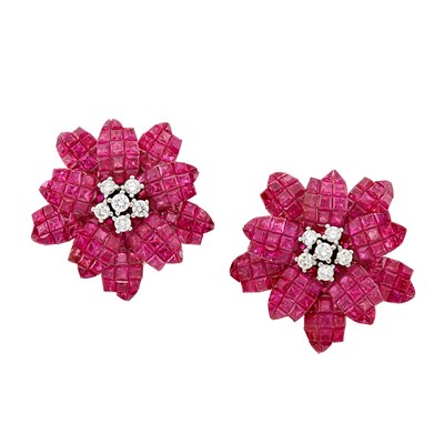 Lot 279 - Pair of Gold, Diamond and Invisibly-Set Ruby Flower Earclips
