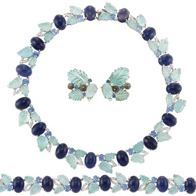 Lot 47 - Suite of Carved and Cabochon Aquamarine, Iolite, Sapphire and Diamond Jewelry